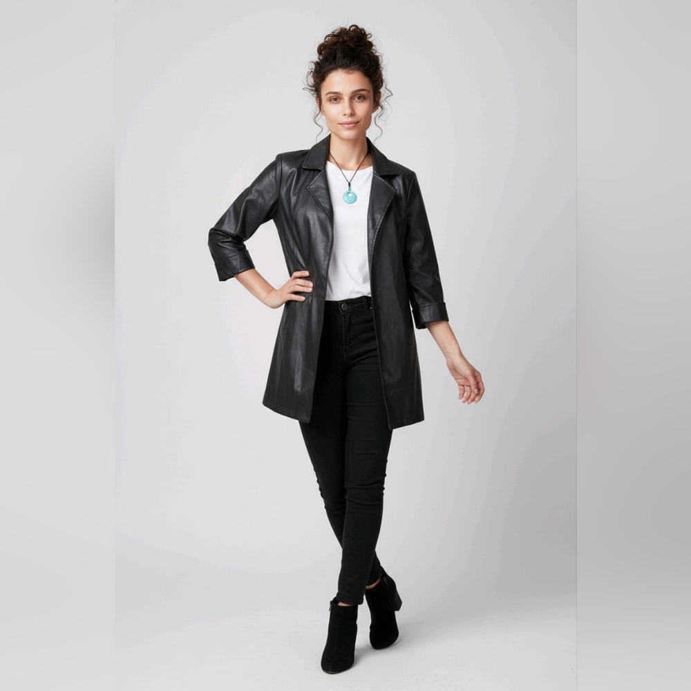 Women's SM Open Long Trench Pea Coat BLK Faux Leather JKT Lightweight Lined NEW